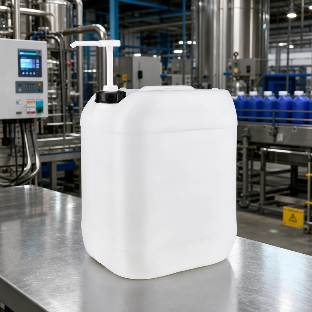 Gennemsigtig industrikanister på 20 liter med pumpedispenser i et moderne påfyldningsanlæg