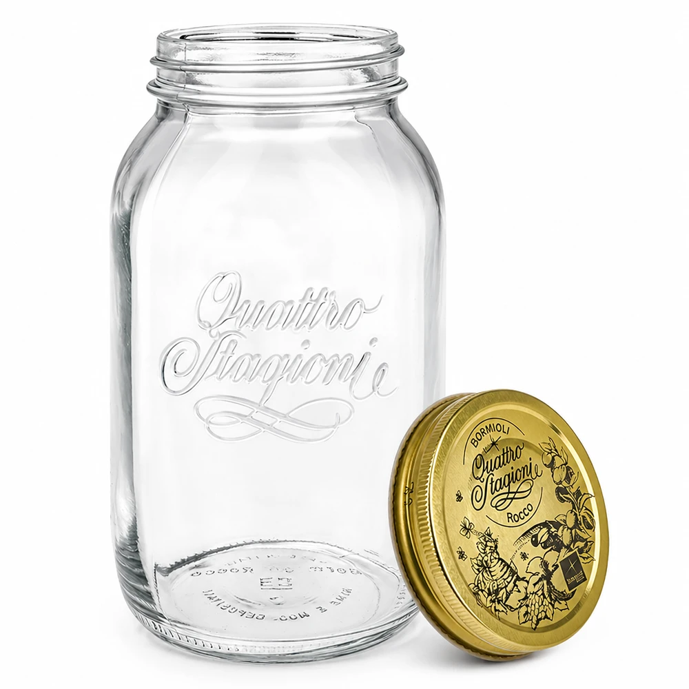 1500 ml rundt glas "Quattro Stagioni" med låg Quattro Stagioni 1500 ml syltetøjsglas med separat gyldent låg detailvisning italiensk syltetøjsglas