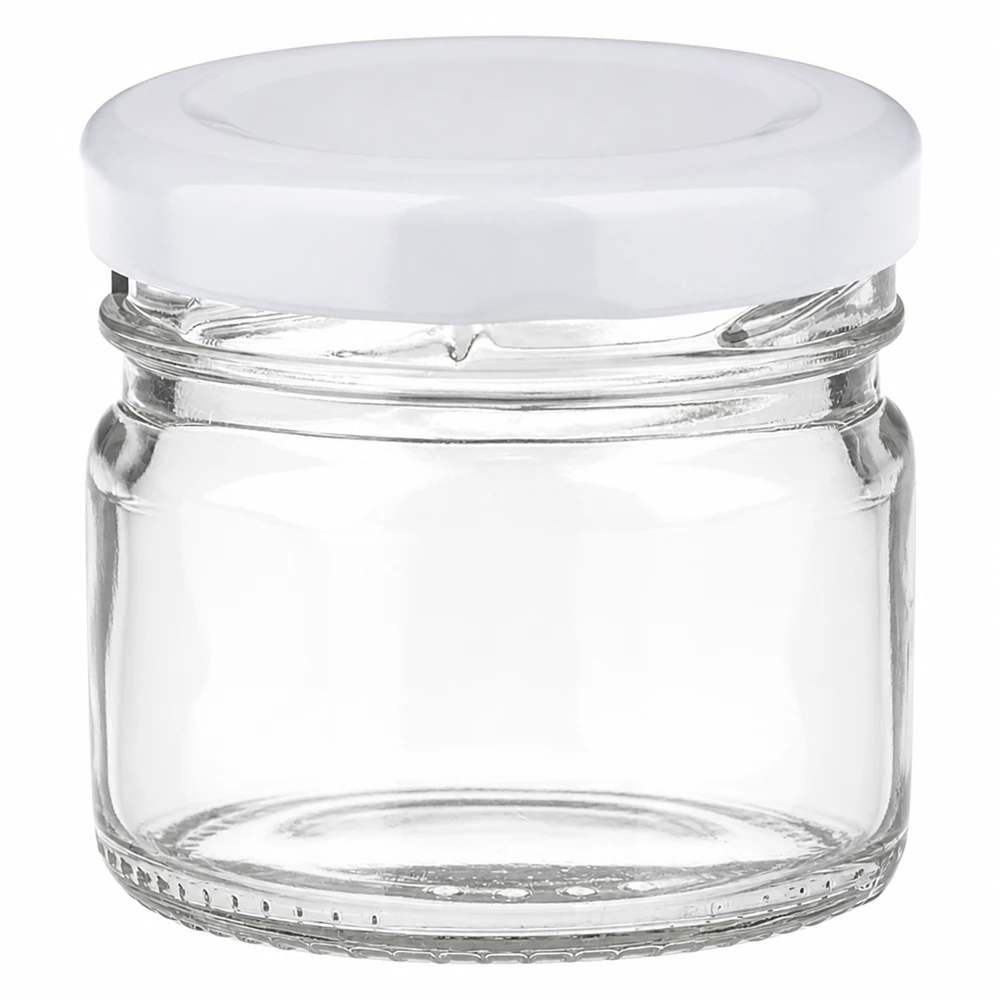 33 ml rundt glas + BasicSeal-låg, hvid, UNiTWIST 33 ml rundt glas med hvidt BasicSeal-låg fra UNiTWIST, tomt og gennemsigtigt