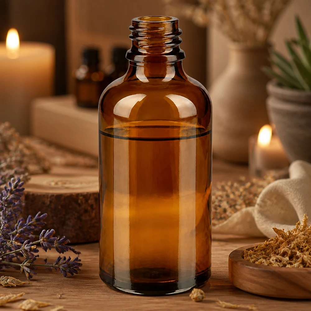 Dropperflaske 50 ml DIN 18 lavet af ravfarvet glas 50 ml brun ApoGlas-apoteksflaske med æteriske olier aromaterapi atmosfære stearinlys lavendel spa wellness