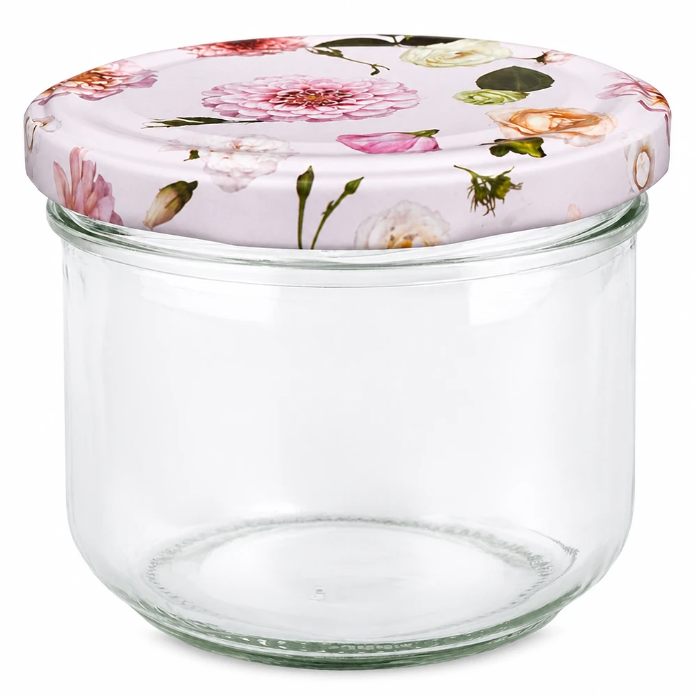 260 ml væltet glas + BasicSeal låg Blomst rosa UNiTWIST 260 ml murerbalje med BasicSeal-låg lyserødt blomstermønster - opbevaringskrukke med blomsterdesign