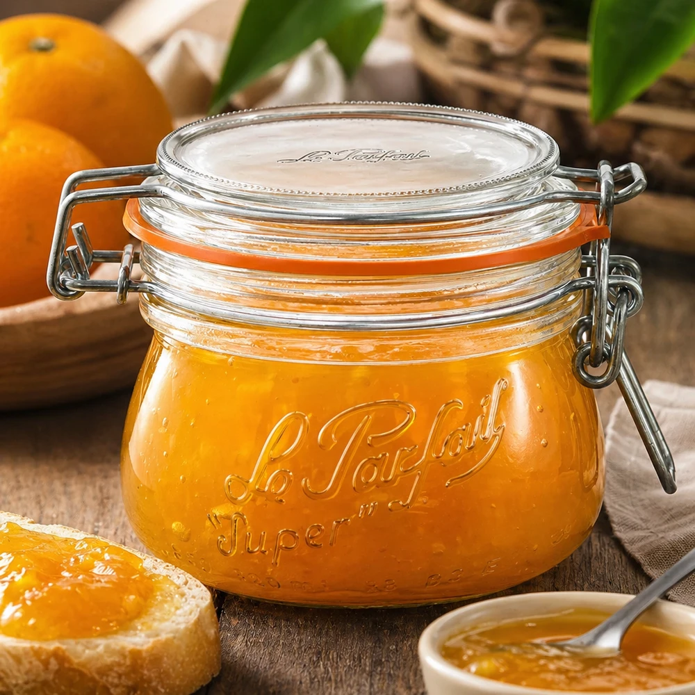 Le Parfait® glas 250 ml Ø70 mm opbevaring 250 ml Le Parfait Super opbevaringsglas med svingtop fyldt med appelsinmarmelade på et træbord med friske appelsiner