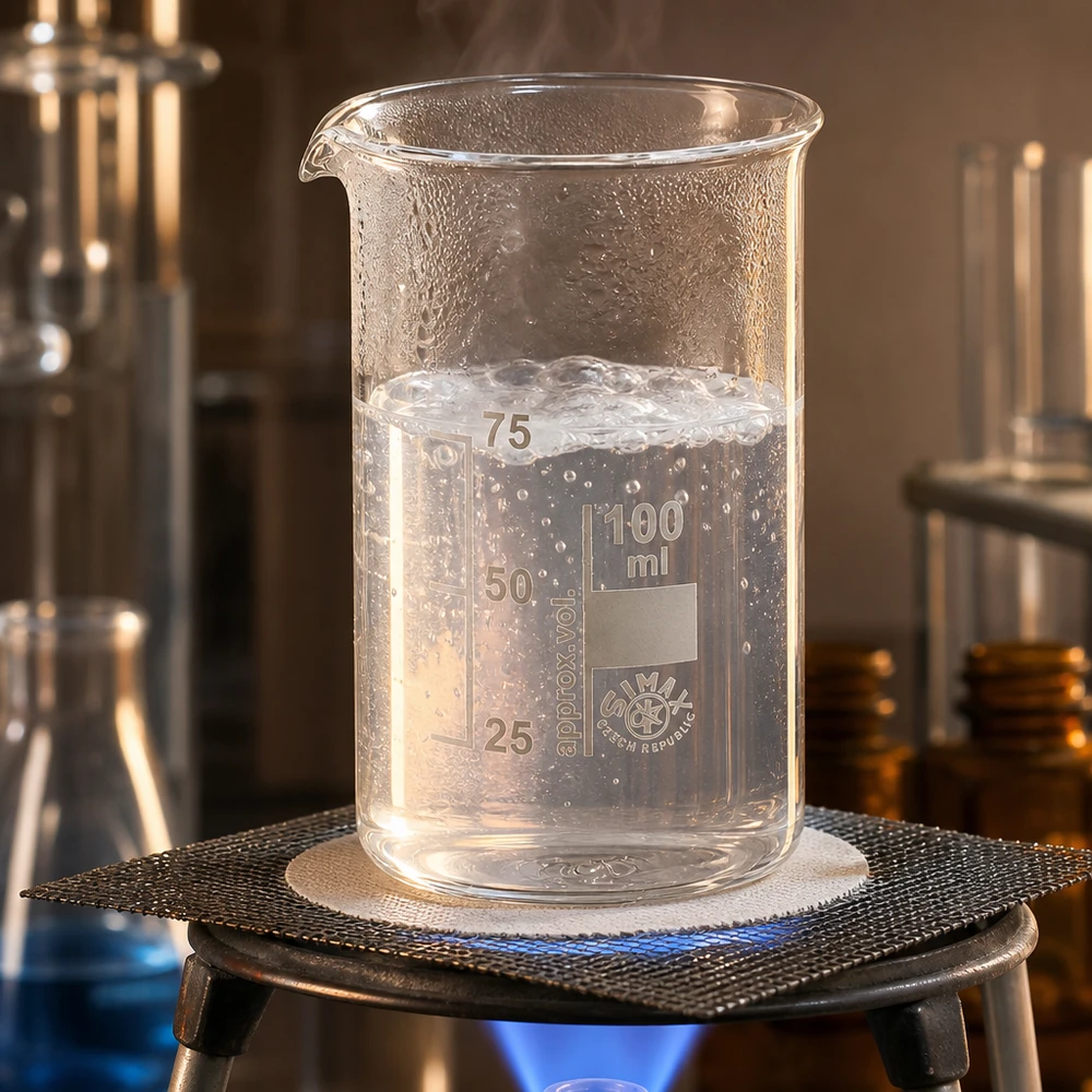 Bægerglas 100 ml borosilikatglas, høj form Kogende vand i en 100 ml høj borosilikatglasbeholder på en gasbrænder med trådnet