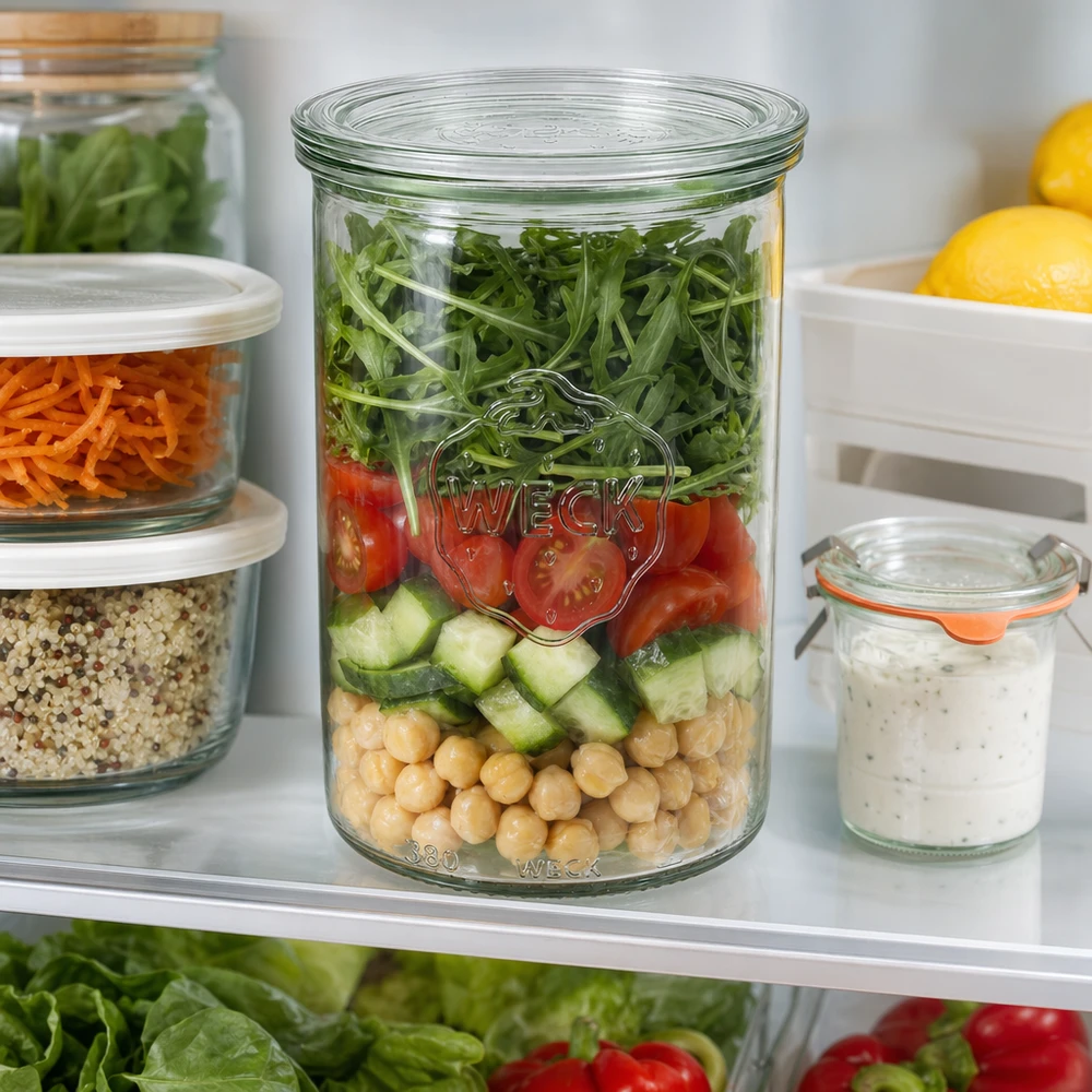 1000 ml Briller med glaslåg WECK RR100 WECK 1000 ml RR100 murerbalje i køleskabet med salat til måltider sammen med andre opbevaringsglas med kikærter