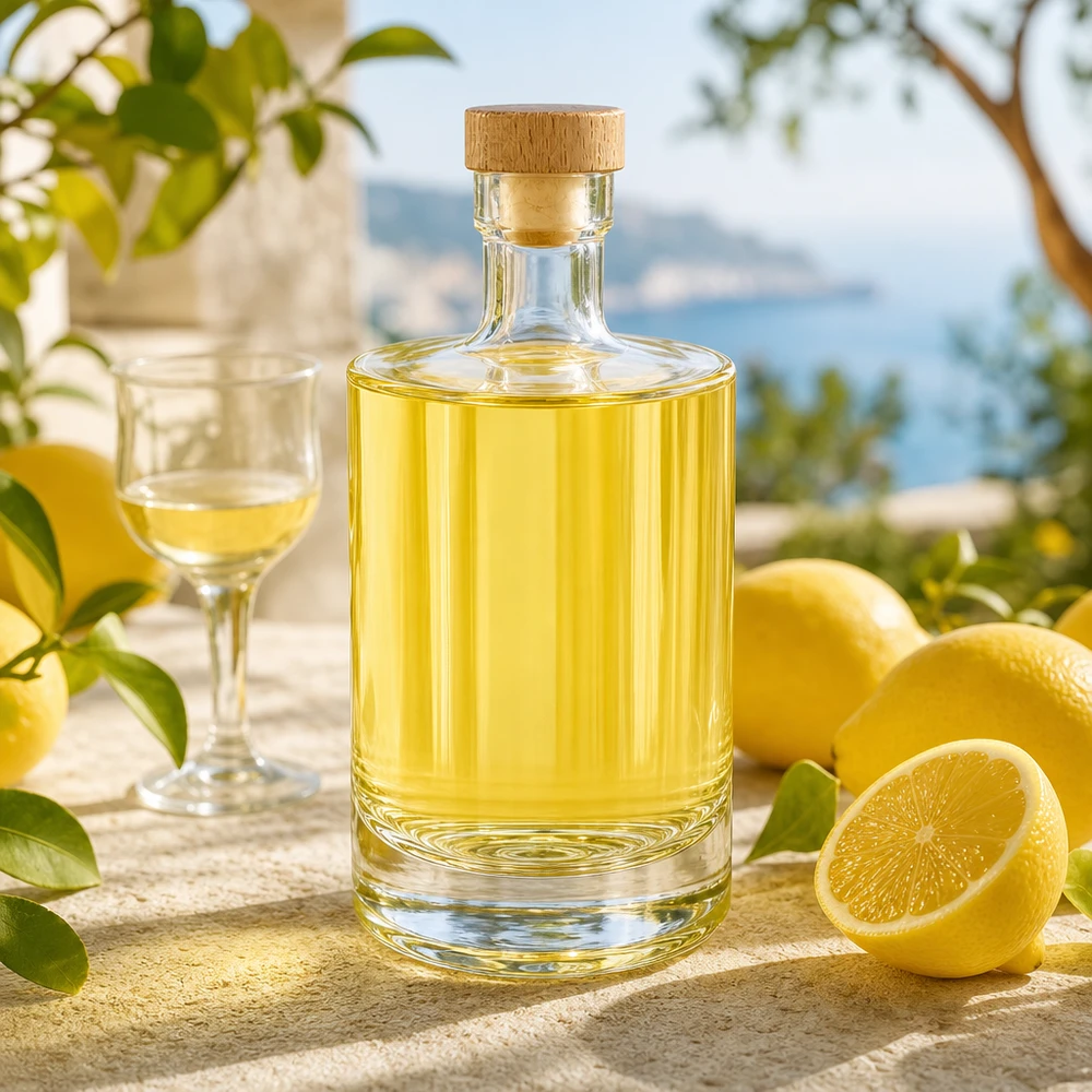 500 ml glasflaske 500ml Glasflasche "Marie" mit Holzgriff-Korken UNiTWIST med træhåndtag UNiTWIST® Glasflasche Marie befüllt mit gelbem Likör neben Zitronen - stilvolle Präsentation für Limoncello und Spirituosen