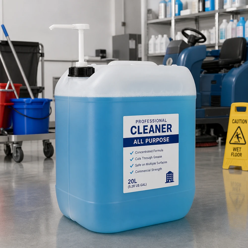 Blå rengøringsmiddelbeholder på 20 liter med doseringspumpe i et professionelt rengøringsmiljø