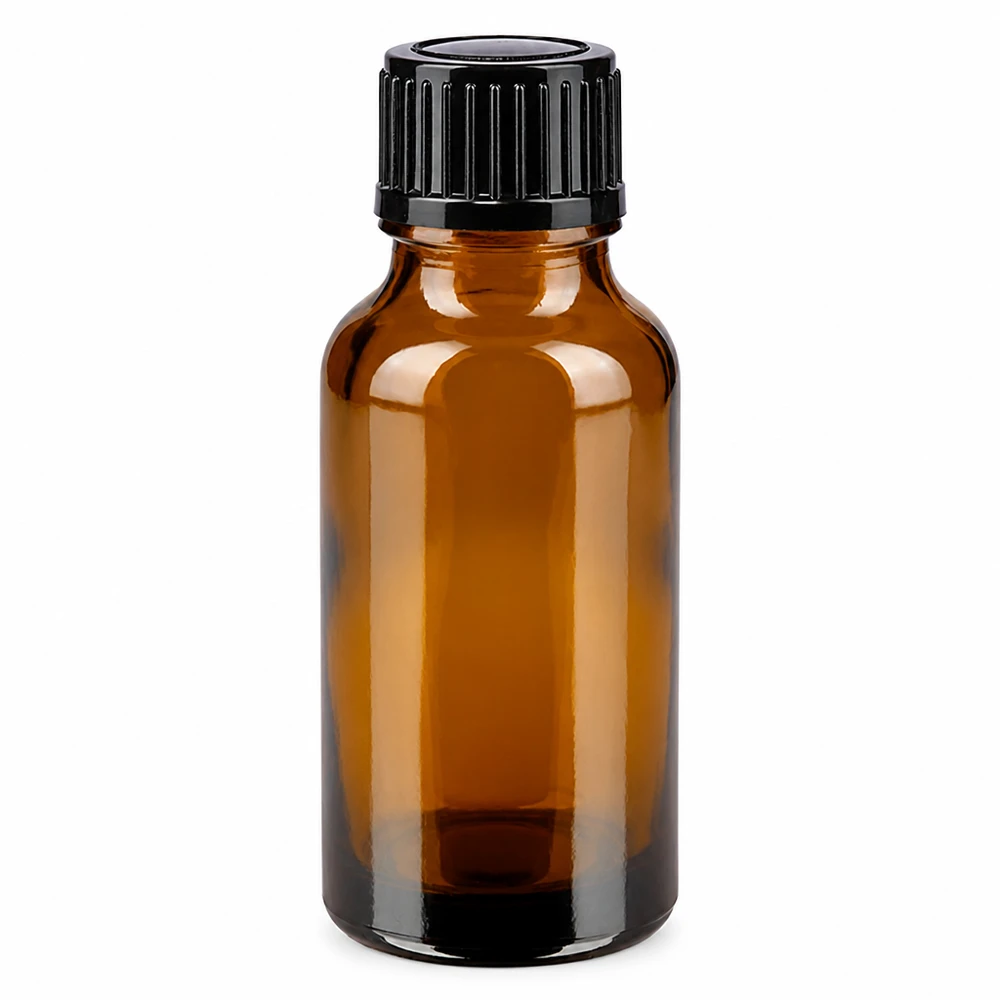 Apoteksflaske brun 20ml dryp v. 1mm sort pc 20 ml brun glasflaske med sort skruelåg til dråber, fremstillet af apoteksglas