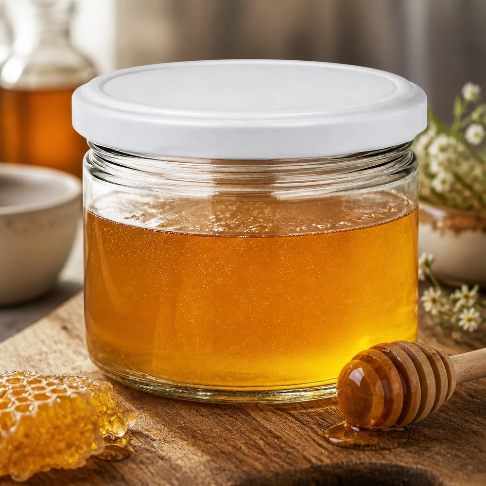 540 ml rund krukke med BasicSeal-låg hvid UNiTWIST 540ml Rundglas BasicSeal weiß gefüllt mit goldenem Honig neben Bienenwabe - hochwertiges Glas für Imkerei-Produkte