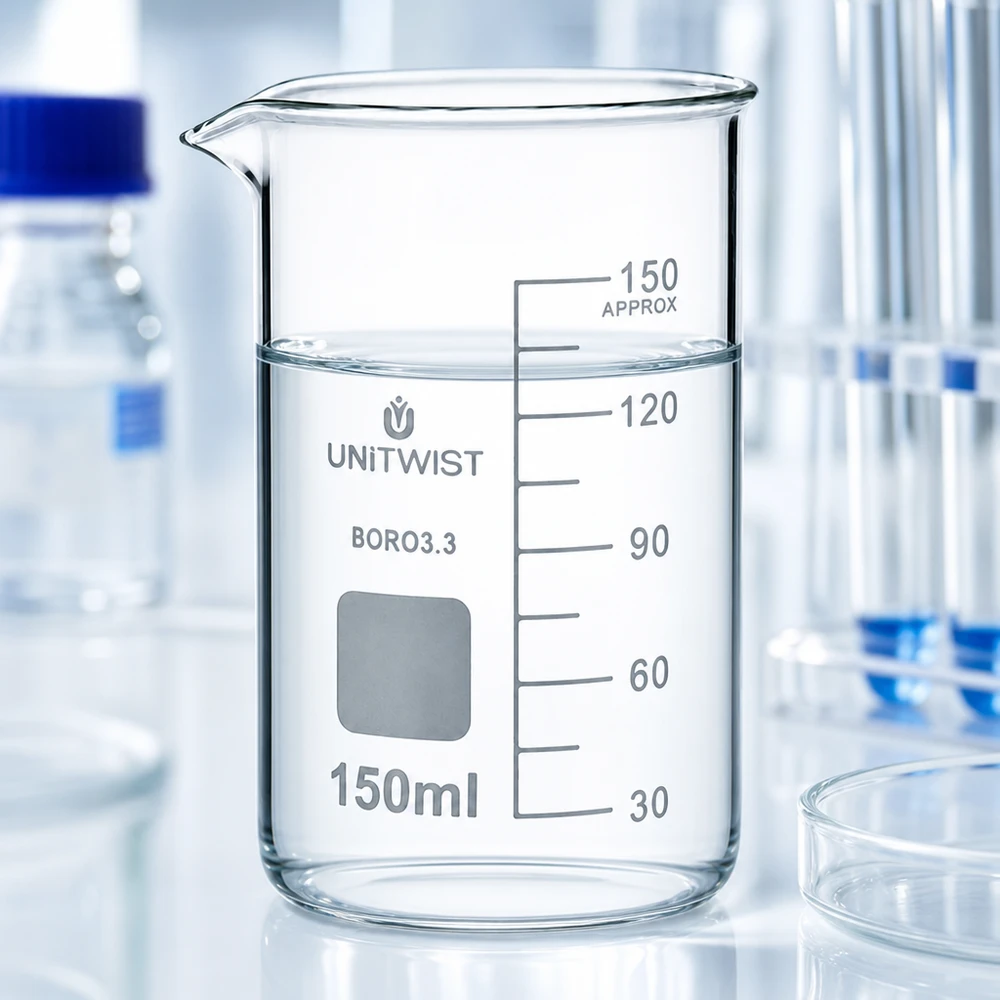Bæger 150 ml borosilikat, høj form UNITWIST UNITWIST måleglas 150 ml, høj model, borosilikatglas 3.3, med tydelig milliliterskala på hvid baggrund