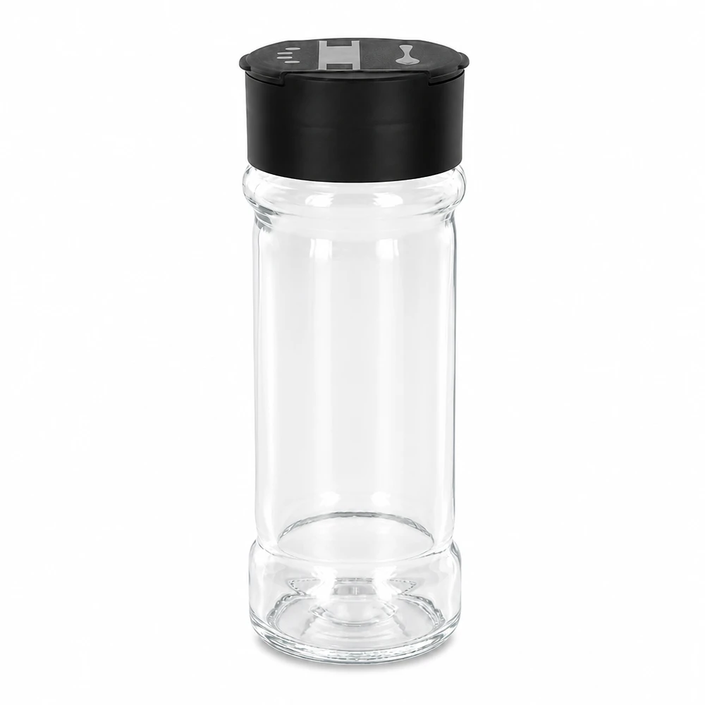 Gennemsigtigt salt- og krydderiglas, 100 ml, med drejeligt dobbeltdæksel i sort