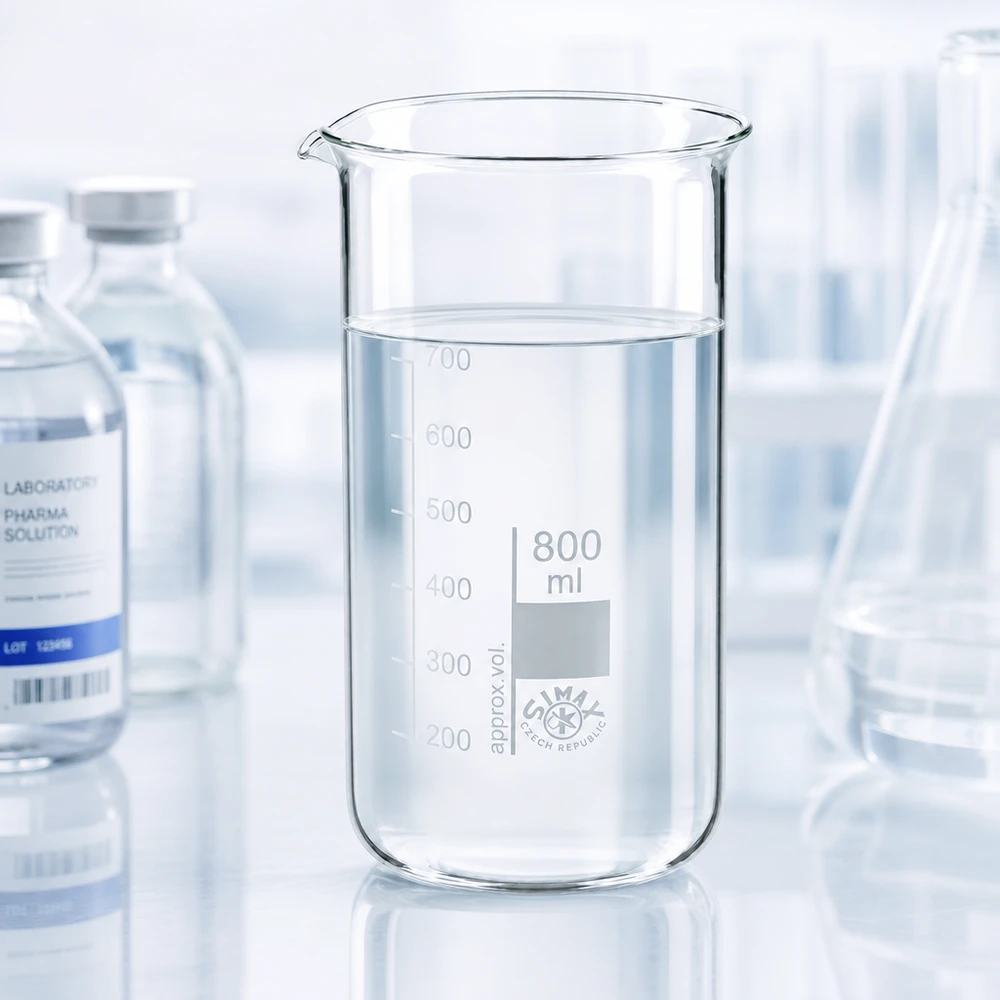 Bægerglas 800 ml borosilikatglas, høj form Becherglas på 800 ml, høj model, af gennemsigtigt borosilikatglas, fyldt med klar væske op til 650 ml