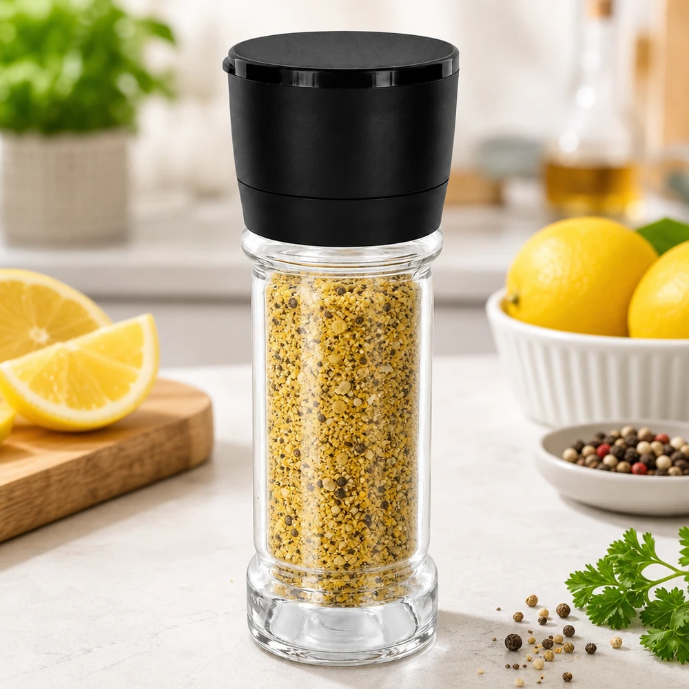 Salt-/krydderikrukke 100 ml med kværn, Vario, sort Krydderiglas med citronpeber, 100 ml, med sort Vario-kværn og friske citroner