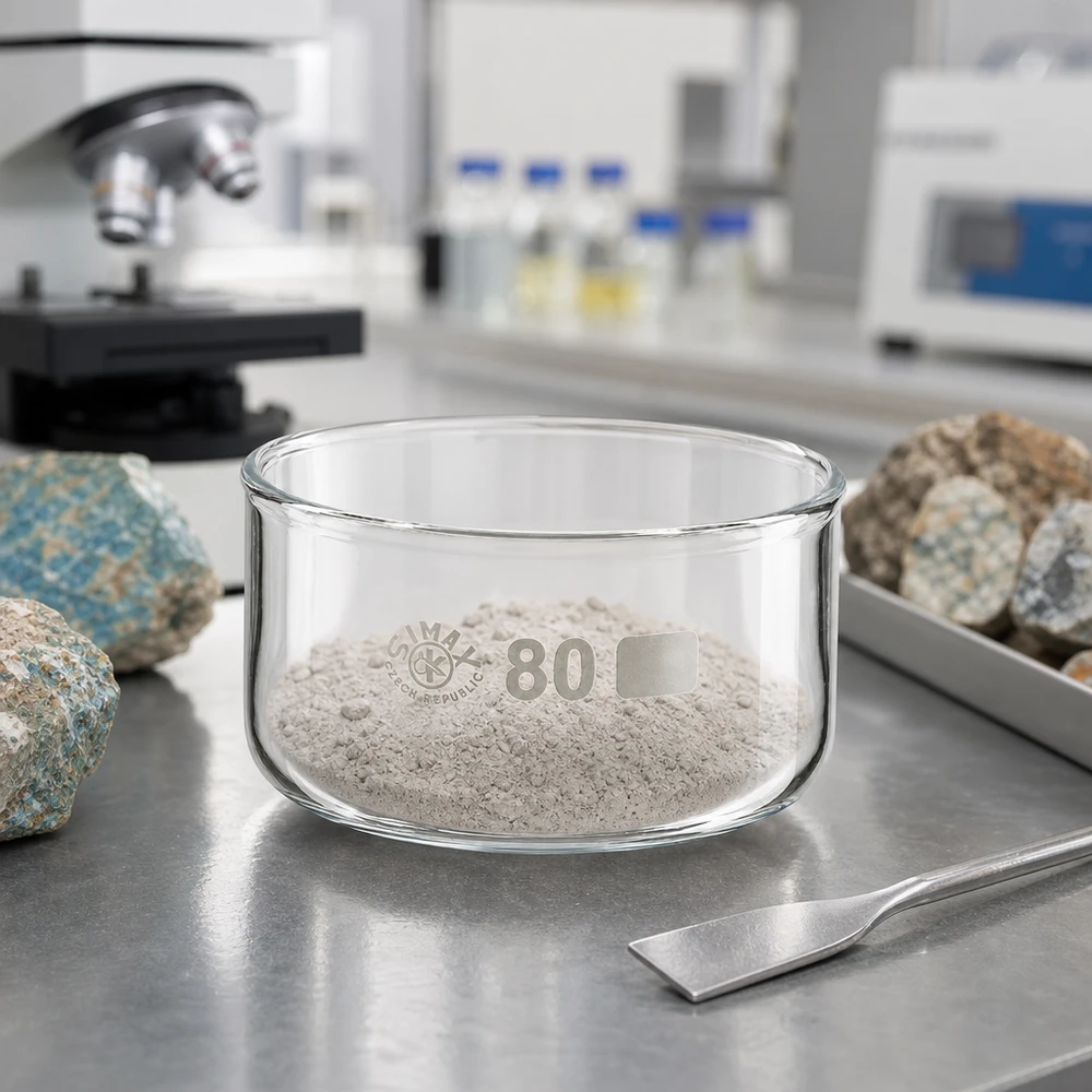 Gråhvidt mineralpulver i SIMAX-krystalliseringsskål, 150 ml, borosilikatglas, laboratorieudgave, ø 80 mm