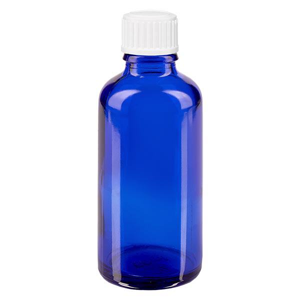 Apoteksflaske blå 50ml skruelåg hvid stk. Apoteksflaske blå 50ml skruelåg hvid stk.