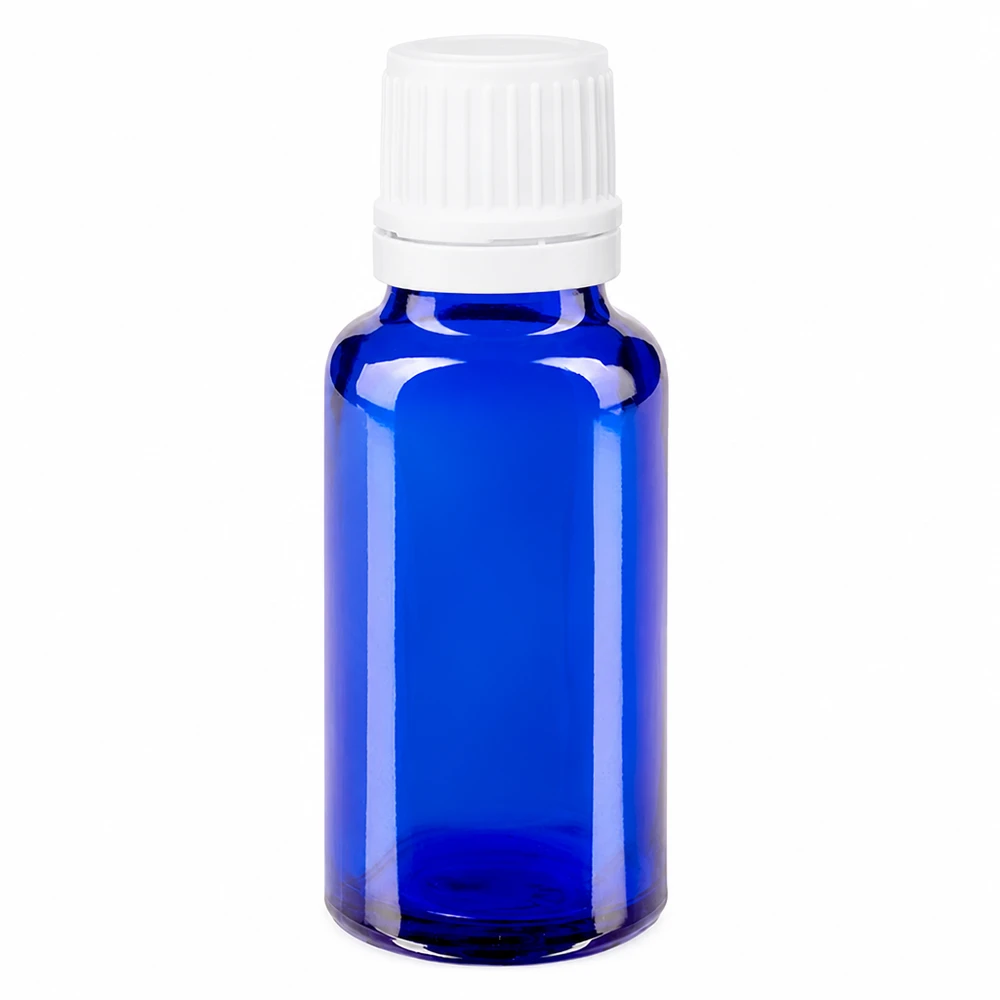 Apoteksflaske blå 20 ml skruelåg hvid OV 20 ml blå apotekerflaske af glas med hvid skruelåg (11 mm) til farmaceutiske og kosmetiske produkter