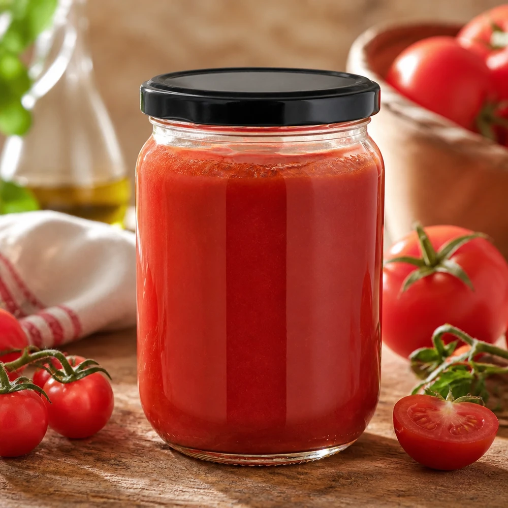 555 ml rundt UniTwist-glas med sort BasicSeal-låg, fyldt med hjemmelavet tomatsauce