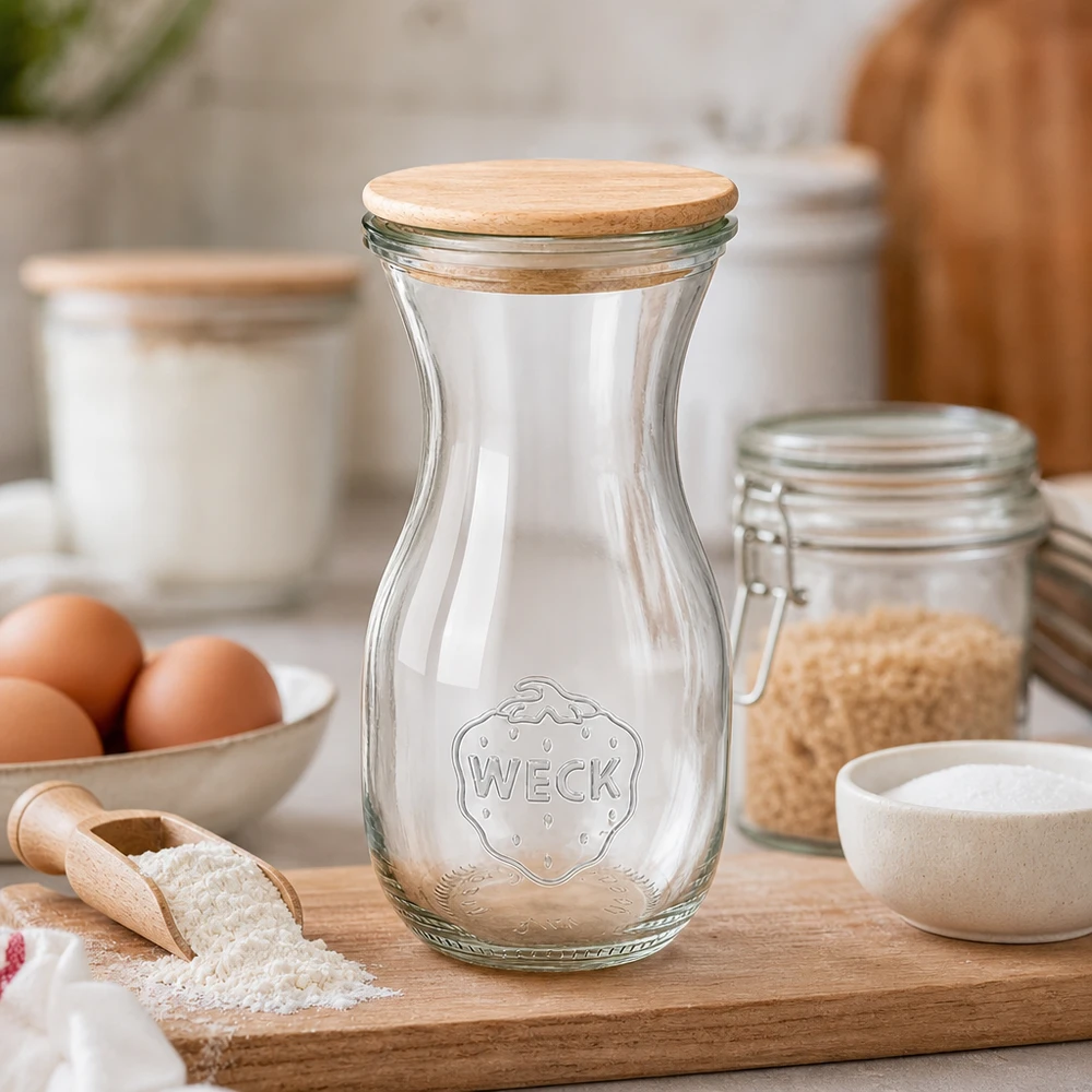 290 ml WECK juiceflaske med trælåg WECK juiceflaske 290 ml med trælåg på køkkenbord mellem bageingredienser, mel, æg og opbevaringskrukker