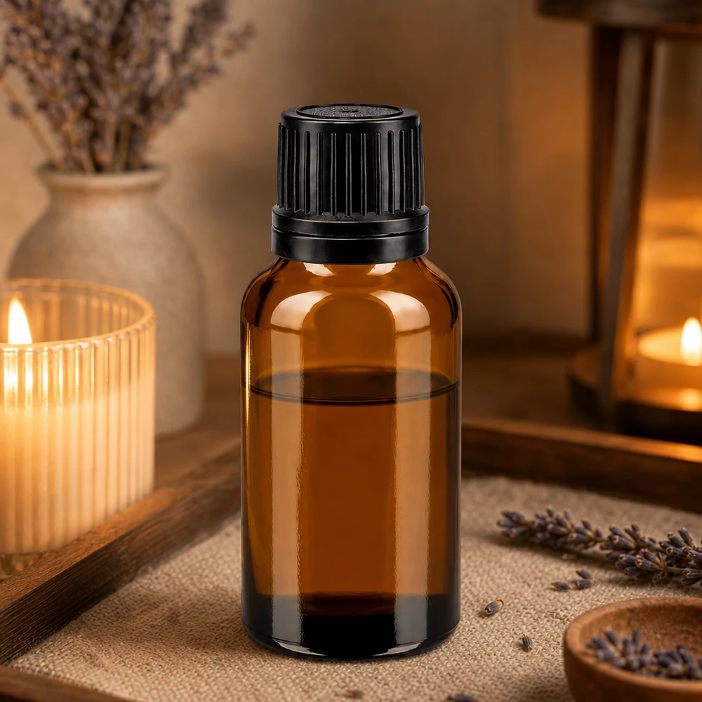 Ravfarvet 20 ml glasflaske med sort originalprop til lavendelolie og essenser