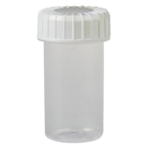 Gennemsigtig skruekrukke 20 ml med rillet vers. Gennemsigtig skruekrukke 20 ml med rillet vers.