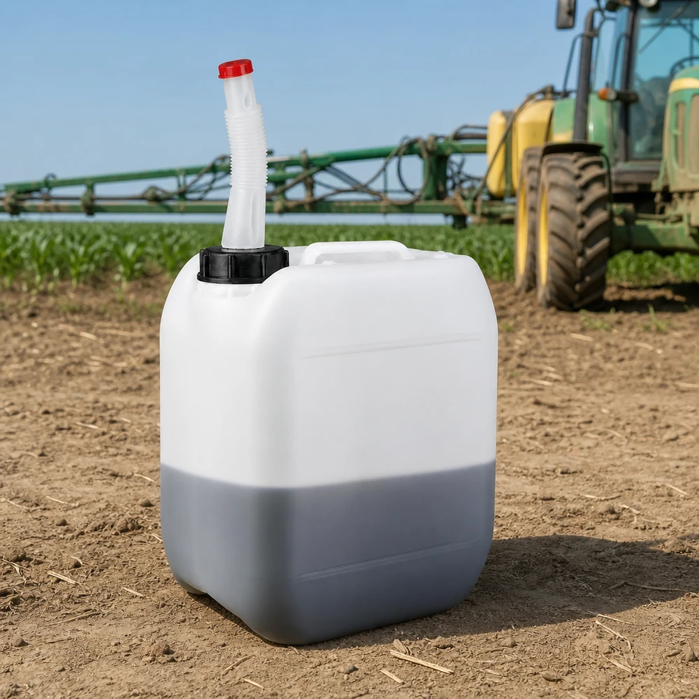 5 liters beholder med Flex-udløbsrør 5-liters landbrugsdunk med fleksibelt udløbsrør ved siden af en John Deere-traktor med mark sprøjte