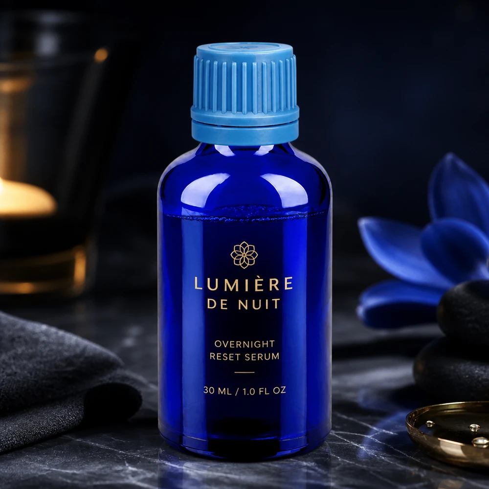 Premium 50 ml kosmetikflaske lavet af koboltblåt glas med et elegant design til hudplejeprodukter