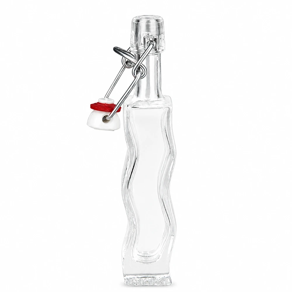 40 ml Glasflaske »Fila« med PVC-skruelåg UNiTWIST® 40 ml Anna-glasflaske med rød gummipakning på svingproppen, detaljeret sidebillede af den buede form