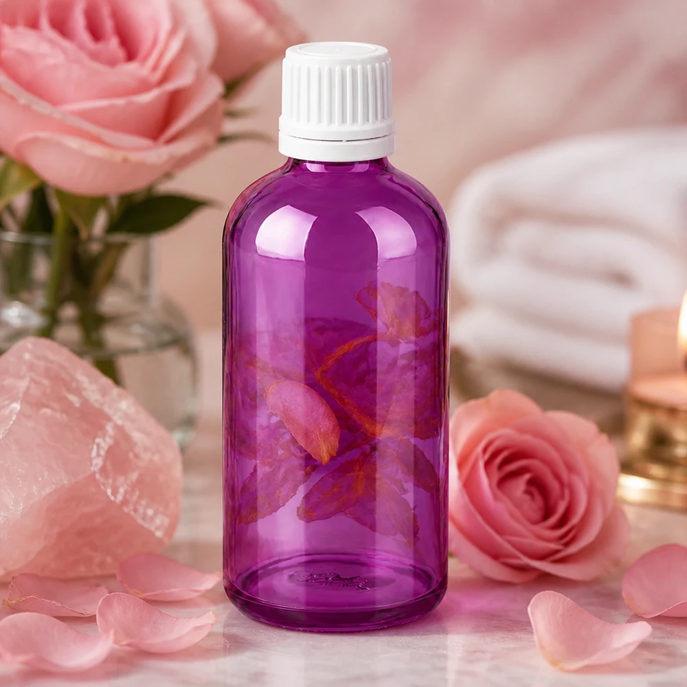 100 ml flaske 11 mm skruelåg hvid Originality skruelåg PurpleLine UT18/100 100 ml kosmetikflaske i høj kvalitet i trendy lilla med sikker hvid hætte til serum