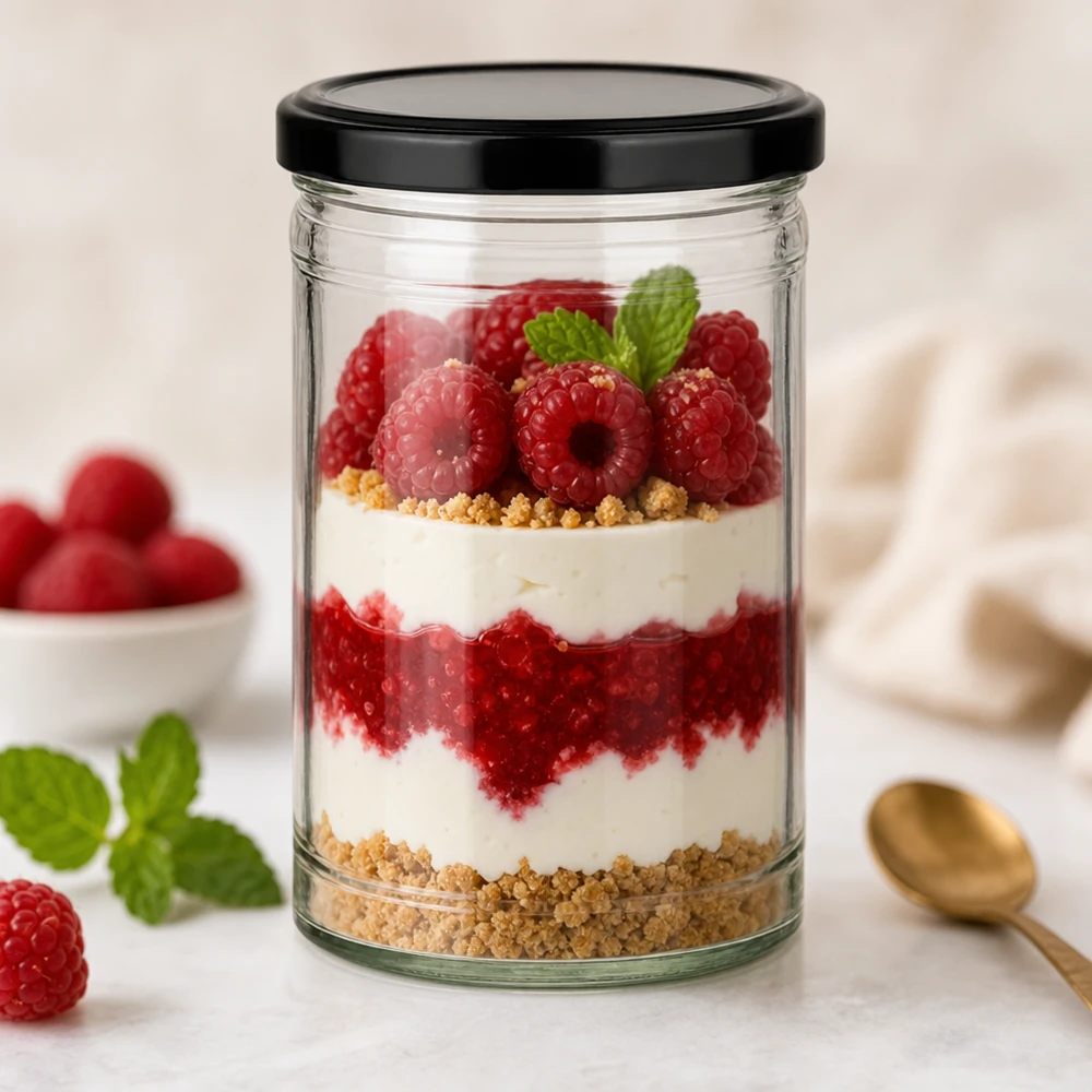 1053 ml Briller med BasicSeal-låg sort UNiTWIST 1053ml Sturzglas mit schwarzem Deckel als Dessertglas mit Himbeer-Schichtdessert und Keksboden dekoriert mit Minze