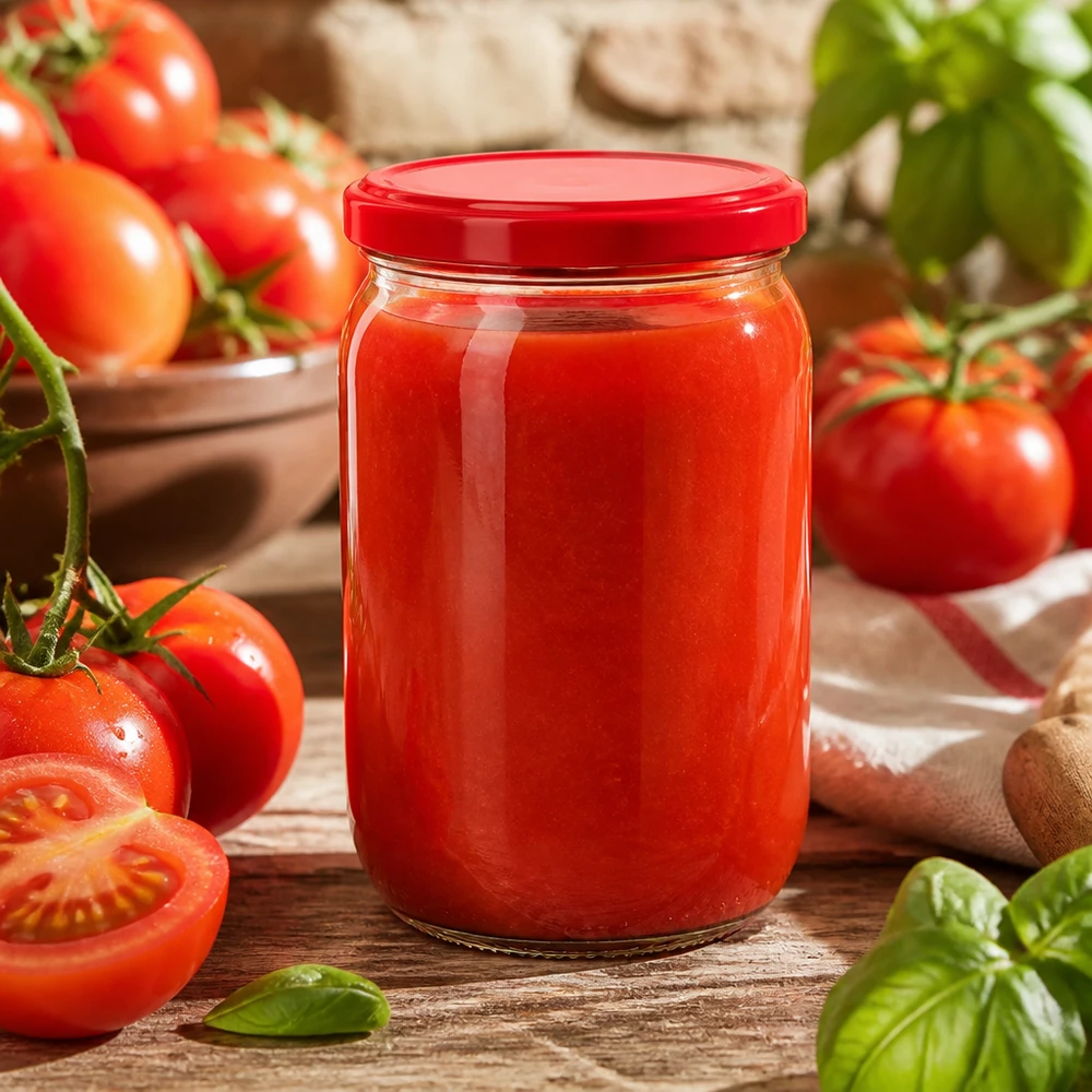 555 ml UNiTWIST-glas med rødt BasicSeal-låg, fyldt med hjemmelavet tomatsauce
