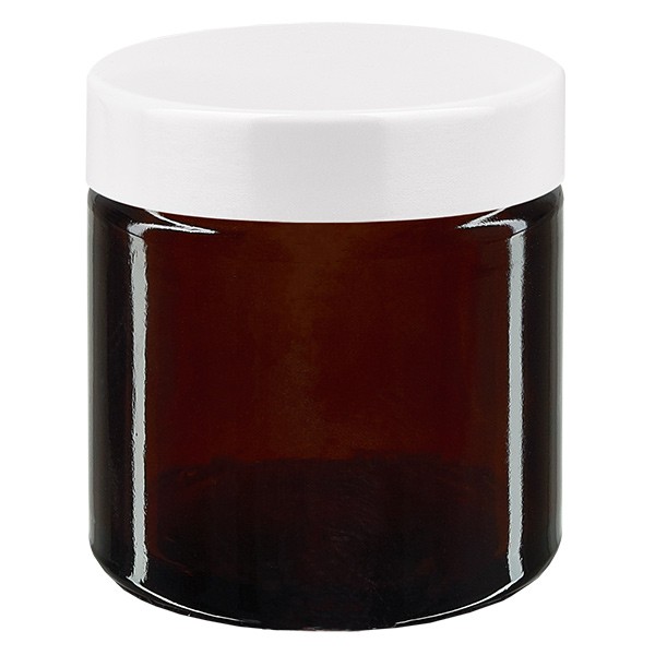 60 ml glaskrukke brun, med hvidt bakelitlåg ApoGlas. Farmaceutisk kvalitet fra EU-produktion. Fødevaresikker. Med UV-beskyttelse.