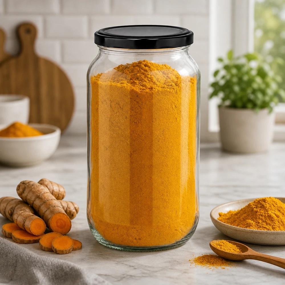 1062 ml rund krukke med BasicSeal-låg sort UNiTWIST 1062ml Rundglas gefüllt mit Kurkumapulver - praktische Gewürzaufbewahrung mit schwarzem BasicSeal Deckel in Küche