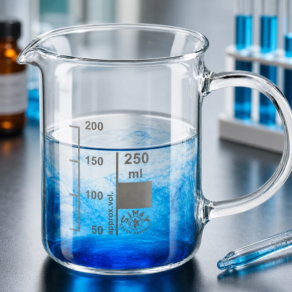 Bæger 250 ml borosilikatglas, med håndtag Laboratoriebæger på 250 ml af borosilikatglas med hank og en blå opløsning i forskellige lag
