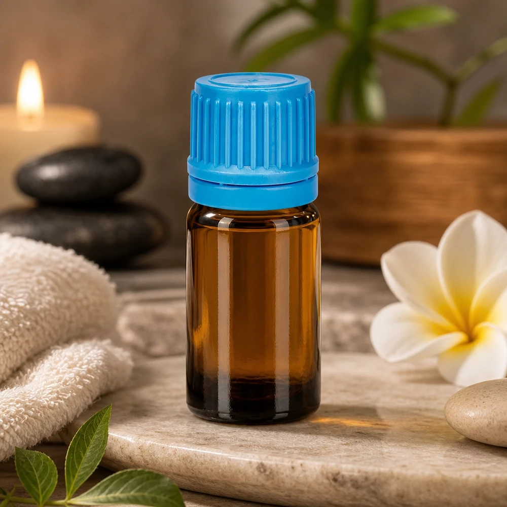 Aromaterapiflaske 5 ml i brunt glas med blå hætte til wellness og afslapning
