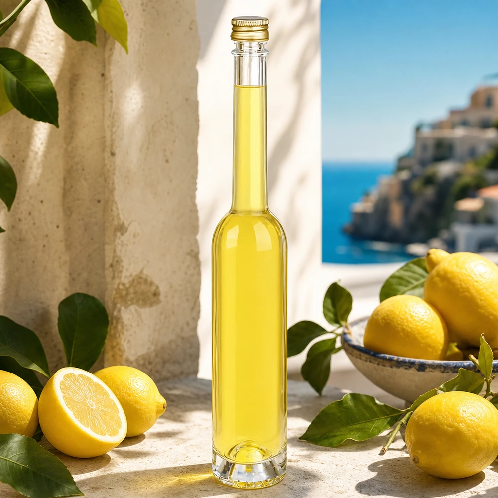 100 ml glasflaske »Toni« og skruelåg sølv UNiTWIST® 100 ml glasflaske med Toni fyldt med citronlikør - UNiTWIST guldprop i en middelhavsindstilling med citroner