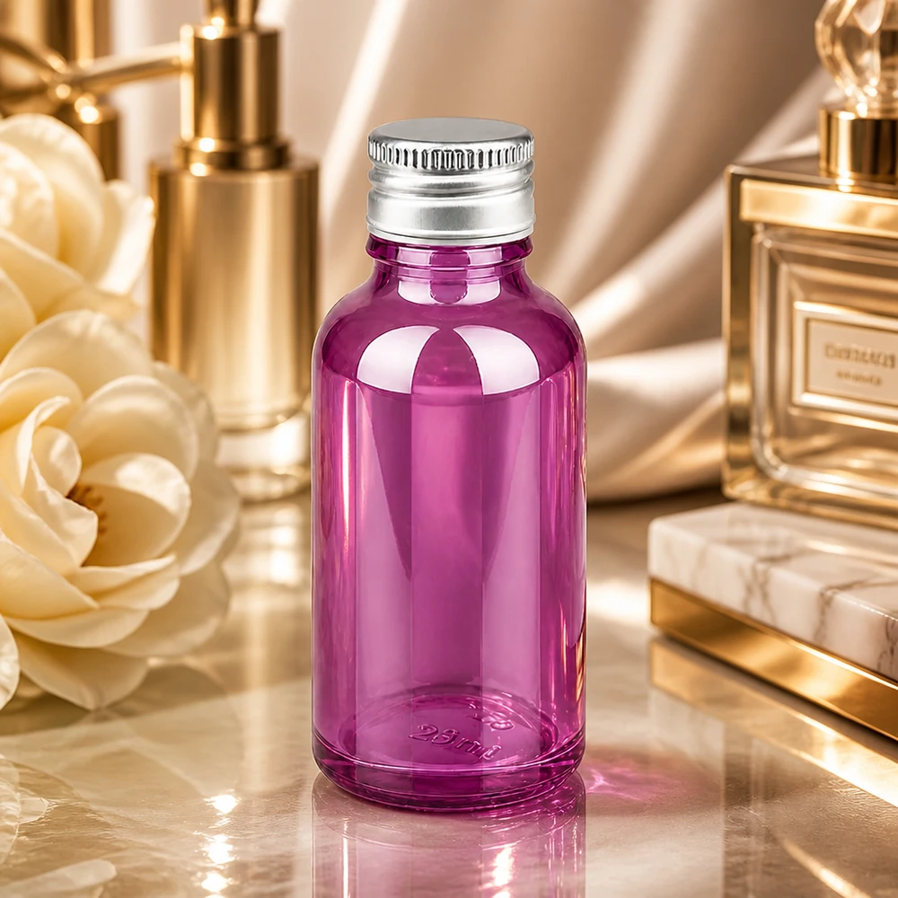 30 ml flaske 11 mm skruelåg aluminium-sølv standard PurpleLine.UT18/30 30 ml violet glasflaske af høj kvalitet med premium aluminiumshætte til parfume og serum