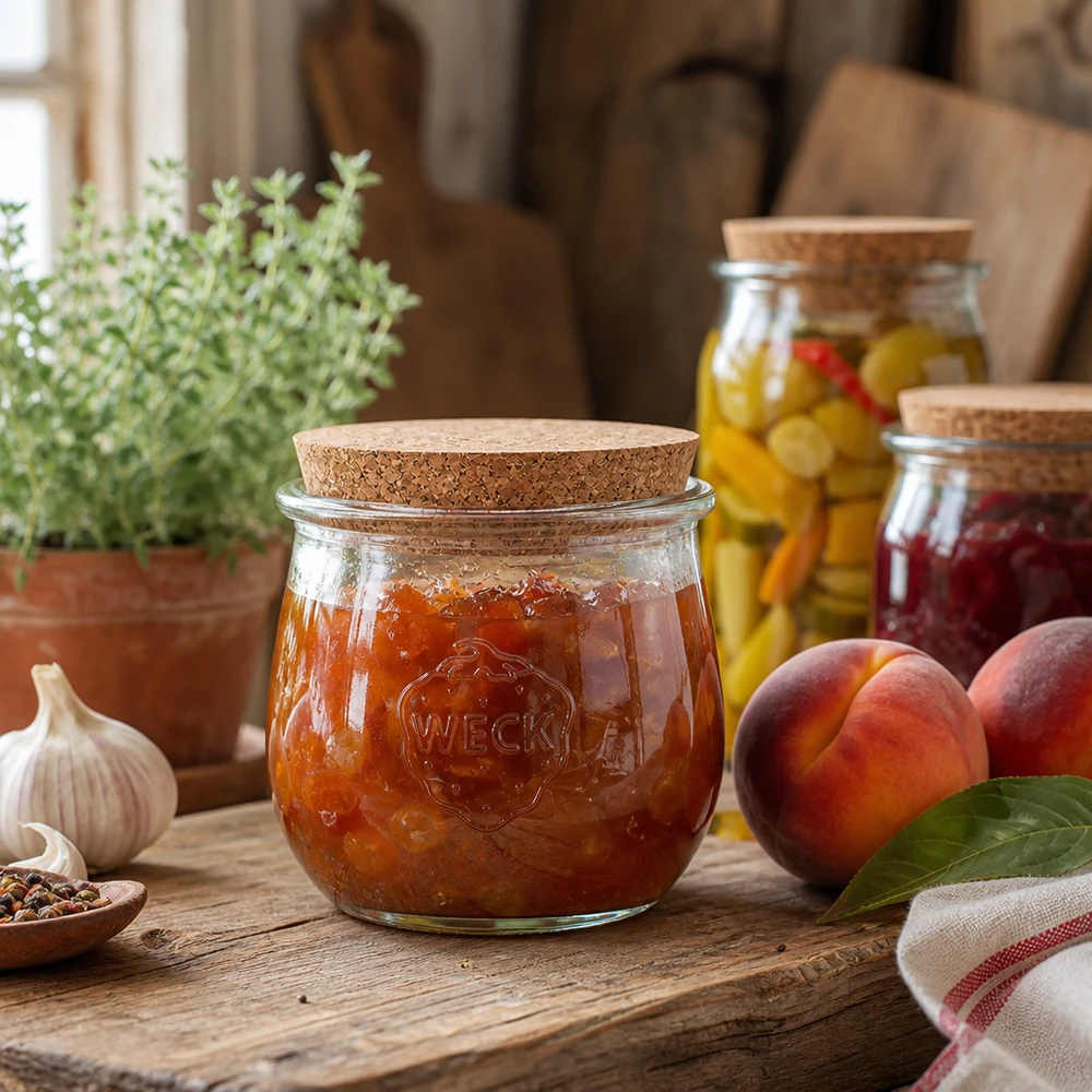 370 ml tulipankrukke WECK RR80 med kork natur WECK syltetøjsglas 370 ml med korklåg fyldt med marmelade i et rustikt køkken ved siden af friske ferskner
