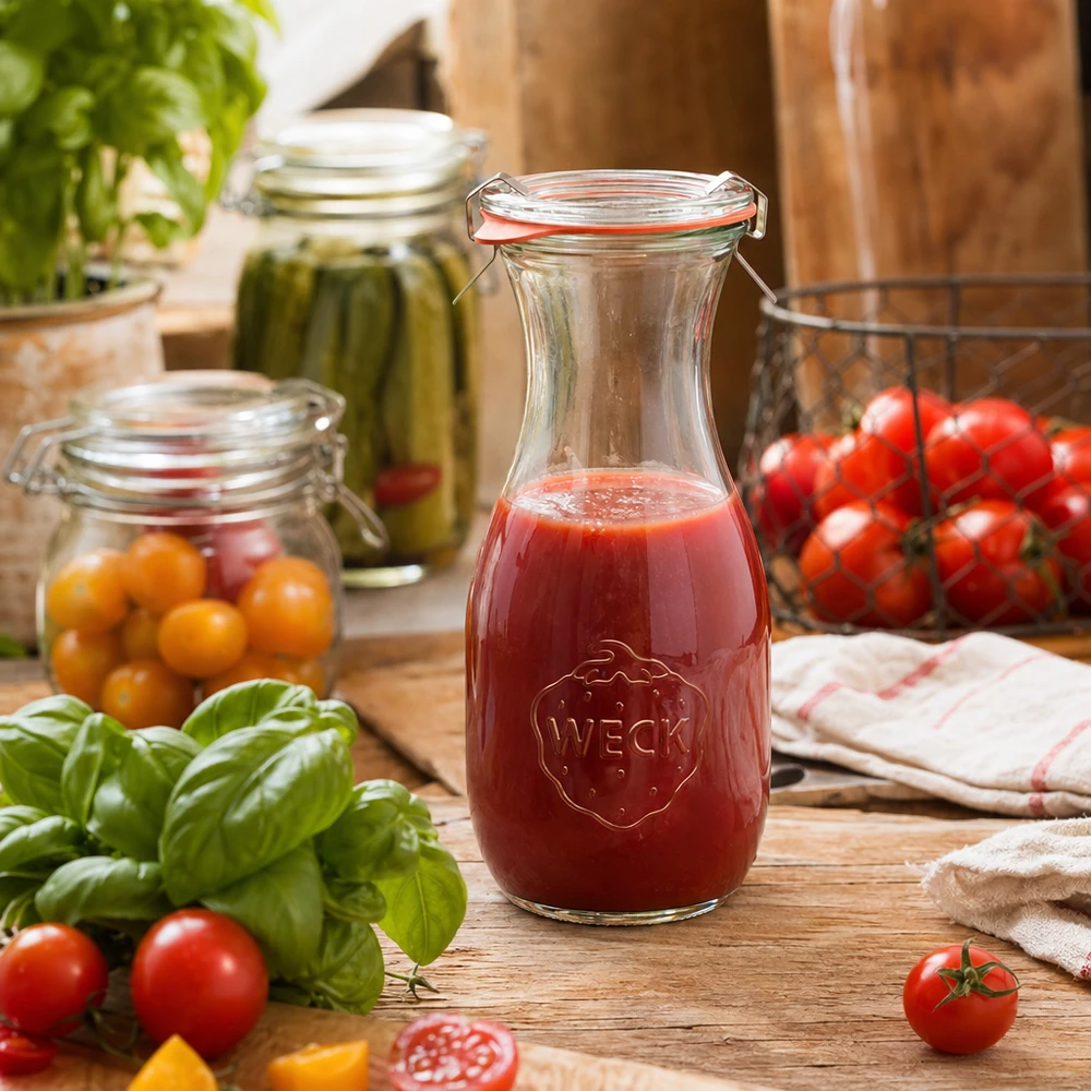 WECK juiceflaske 530 ml med tomatjuice på træbord omgivet af friske tomater og basilikum i køkkenet
