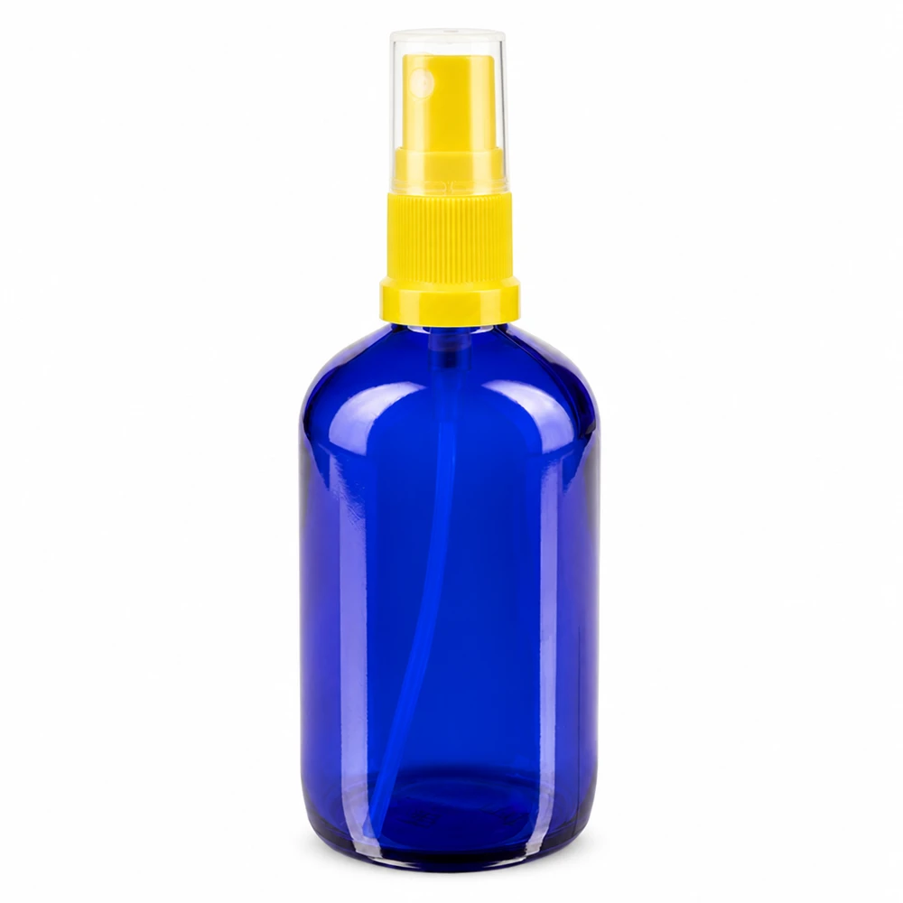 100 ml blå glasflaske med sprayhoved i apoteksglas, standardkvalitet