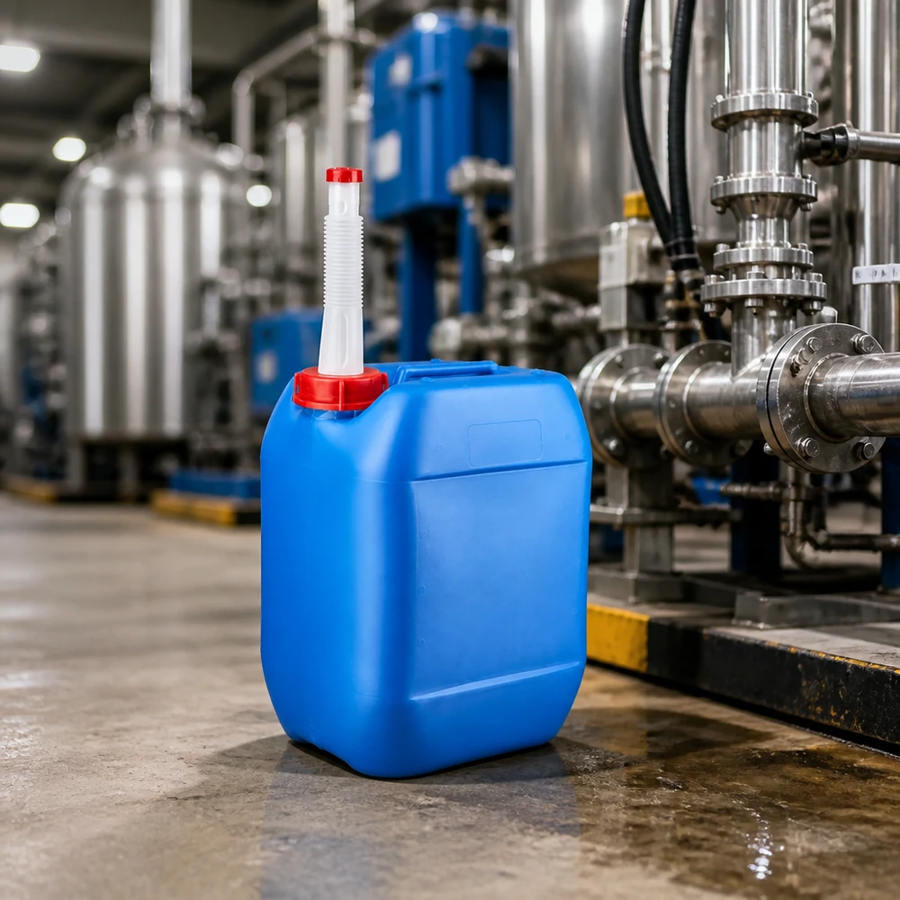 10 liters blå dunk med fleksibelt udløbsrør Blå 10-liters industrikanister med hvidt udløbsrør i et moderne produktionsanlæg