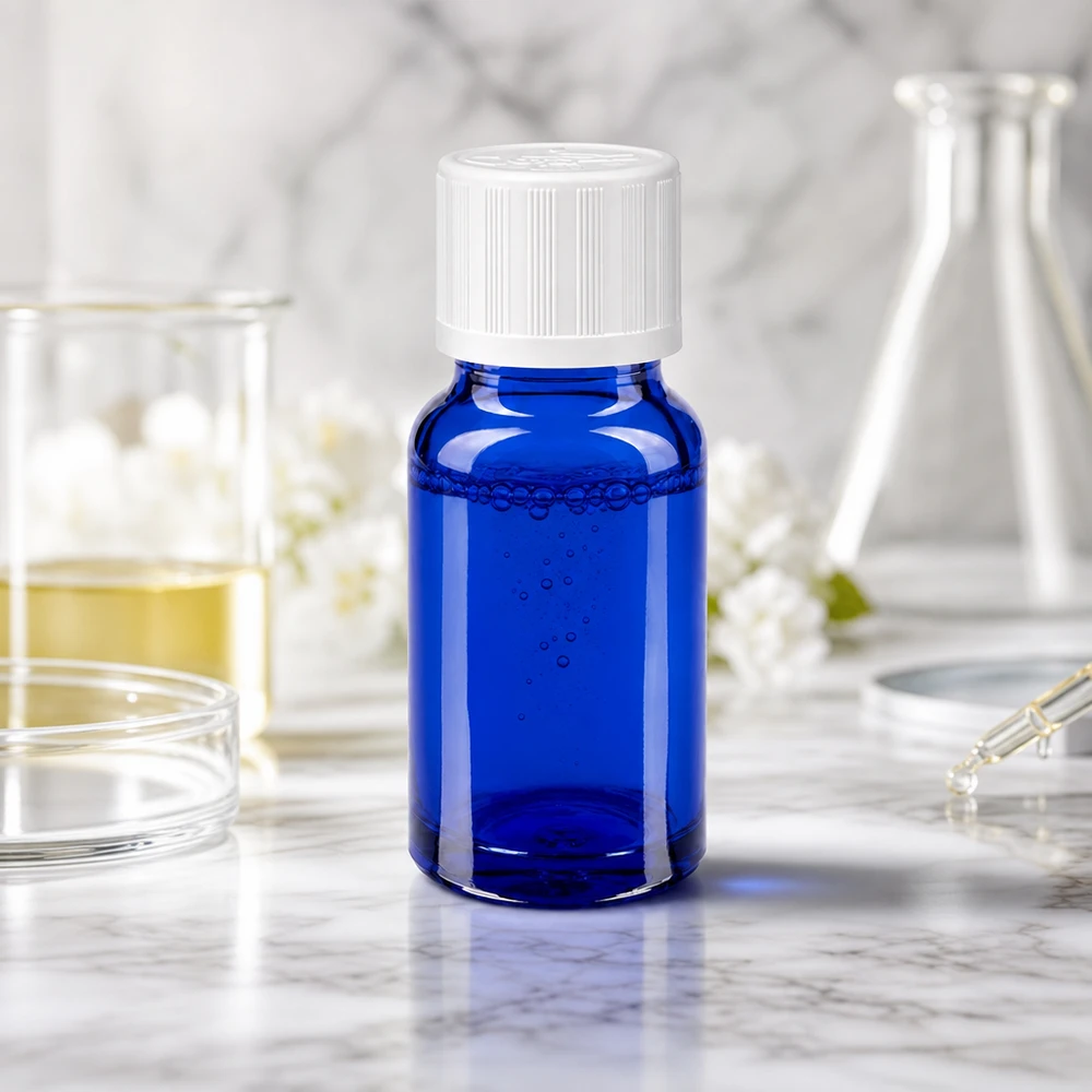 Apoteksflaske blå 10 ml skruelåg hvid KiSi St Blå 10 ml apotekerflaske med børnesikret låg i laboratoriet mellem Erlenmeyer-kolber