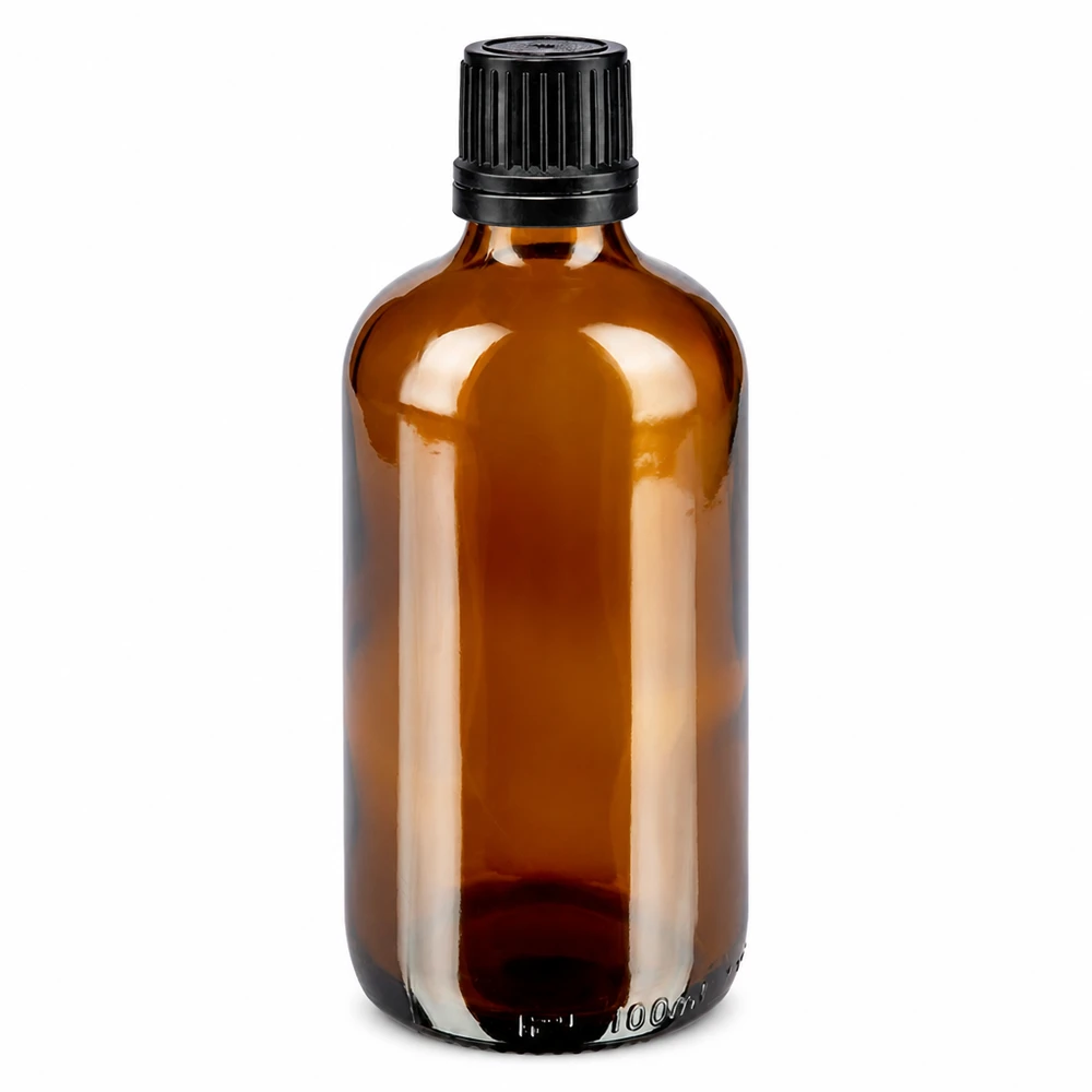 Apoteksflaske brun 100ml dryp v. Pr 1mm sort OV 100 ml brun apotekerflaske af brunt glas med sort originalitetslukning og 1 mm dråbeindsats