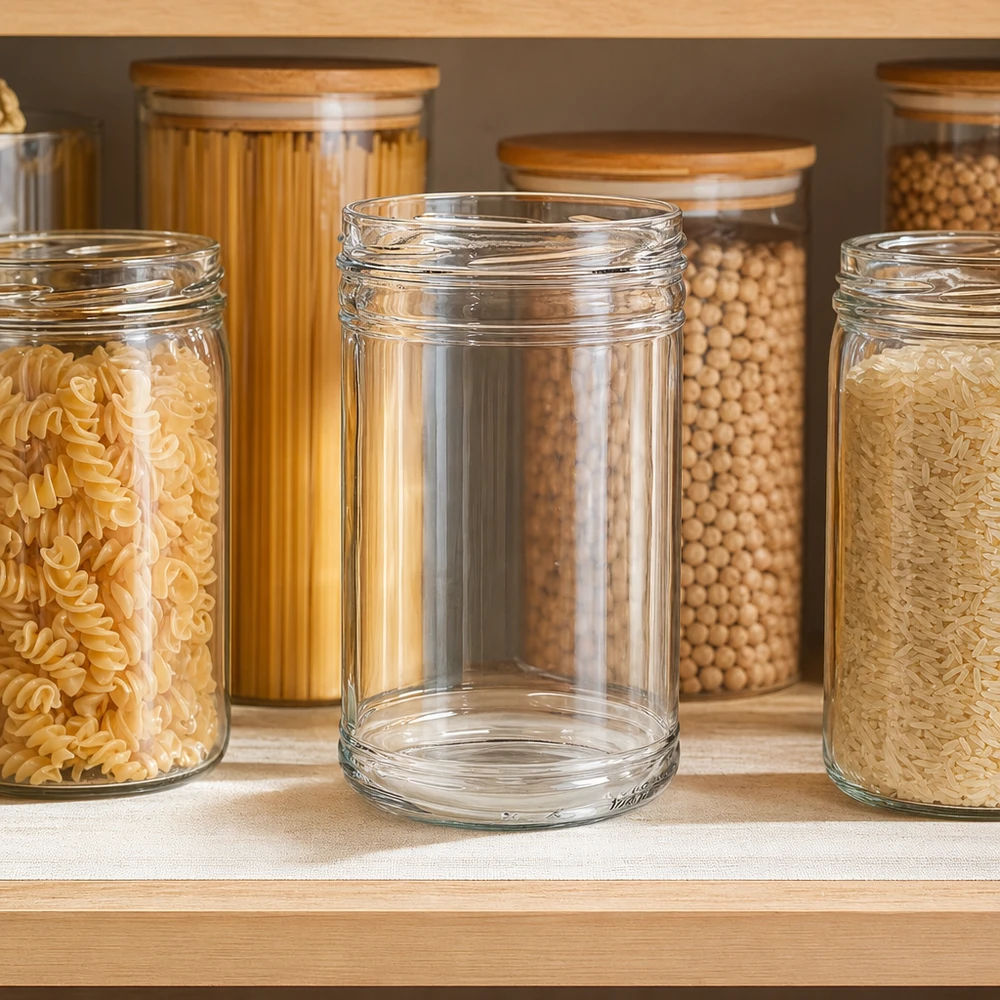 UNiTWIST Sturz1053 - Briller med en kapacitet på 1053 ml TO100 UNiTWIST-bægre 1053ml TO100 tomme opbevaringsglas i organiseret køkkenskab mellem pasta og bælgfrugter