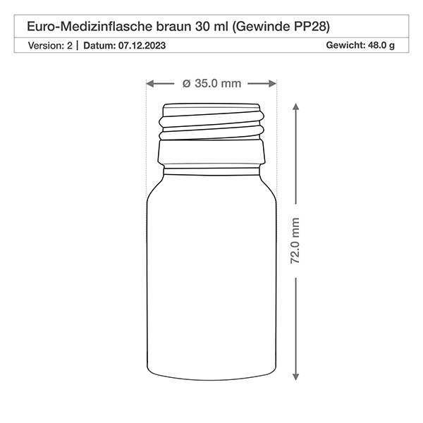 30 ml medicinflaske brun, med hætte af sølvfarvet aluminium ApoGlas. Farmaceutisk kvalitet fra EU-produktion. 28 mm (PP28) gevind. (sirup, let glasflaske) Rund 30 ml glasflaske i brun med klassisk medicinflaskeform og PP28-gevindhals