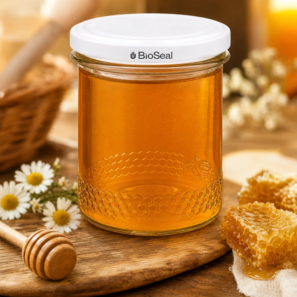 560 g honningglas med hvidt BioSeal UNiTWIST-låg 400 ml honningkrukke UNiTWIST fyldt med honning ved siden af honeycomb og honey dipper viser traditionel biavlsatmosfære