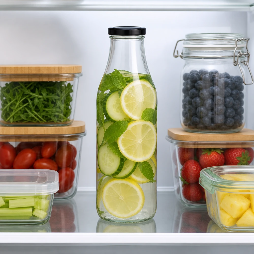 1000 ml glasflaske + BasicSeal-låg sort UNiTWIST. Absolut lækagesikker med stort TO48-låg. Til mælk, juice og limonade. 1000ml Glasflasche mit Gurken-Zitronen-Infused-Water im Kühlschrank zwischen frischem Obst und Gemüse