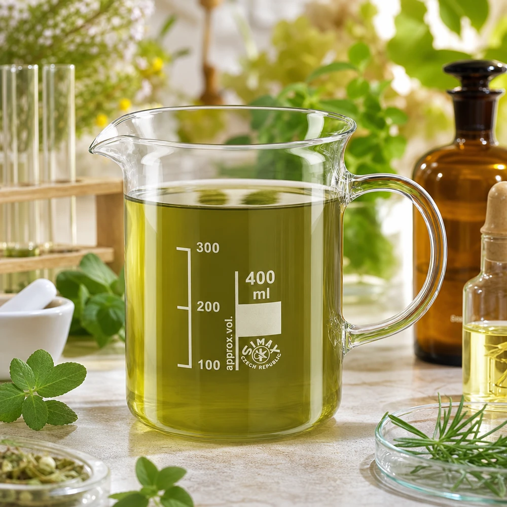 Bægerglas 400 ml borosilikatglas, med håndtag 400 ml bæger med hank, fyldt med grøn urteekstrakt, borosilikatglas, naturkosmetik