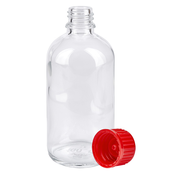 100 ml flaske 11 mm SV rød STD ClearLine UT18/100 100 ml flaske af klart glas med rødt skruelåg, 11 mm, ClearLine UT18/100, tom