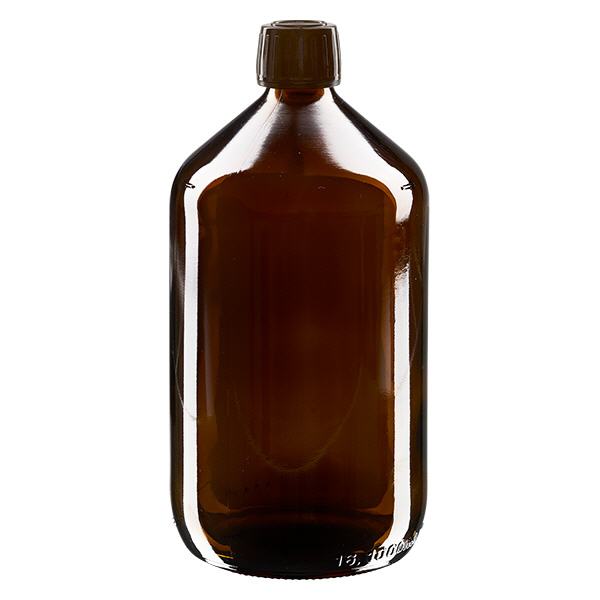 1000 ml medicinflaske brun, hætte brun med manipulationssikker ring ApoGlas. Farmaceutisk kvalitet fra EU-produktion. 28 mm (PP28) gevind. (sirup, let glasflaske)