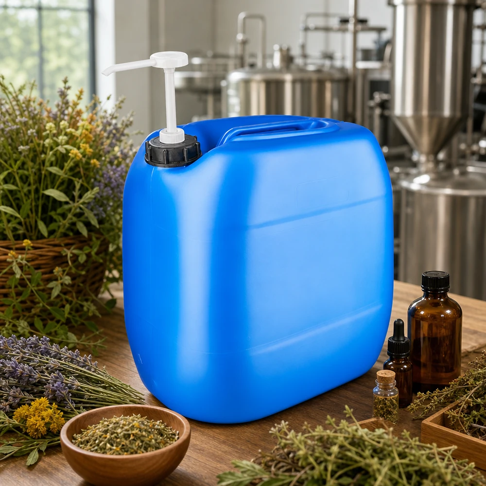 30 liters blå dunk med doseringspumpe Blå 30-liters dunk med doseringspumpe omgivet af urter og æteriske olier i fremstillingen af naturkosmetik