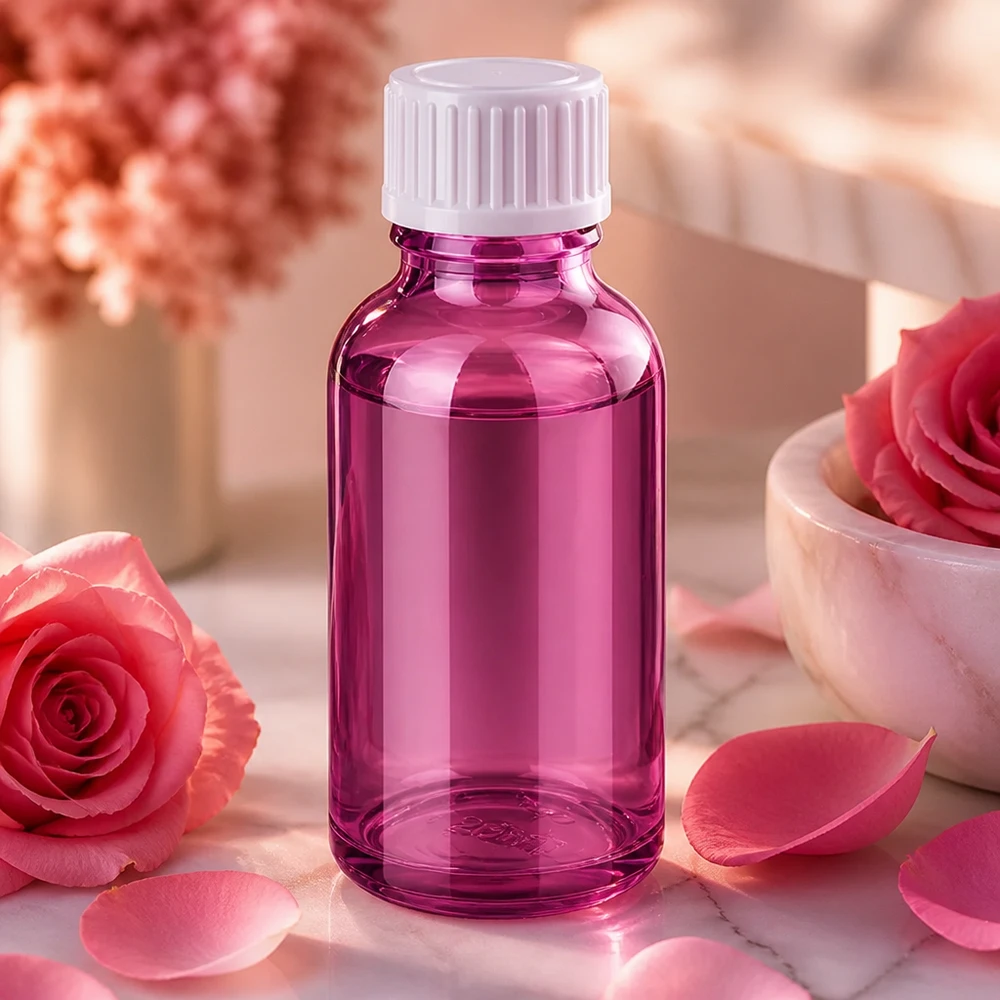 30 ml (kugle) flaske. 3 mm hældering hvid Standard PurpleLine. UT18/30 Kompakt 30 ml glasflaske i lilla med dråbelåg til gør-det-selv-kosmetik og -serum